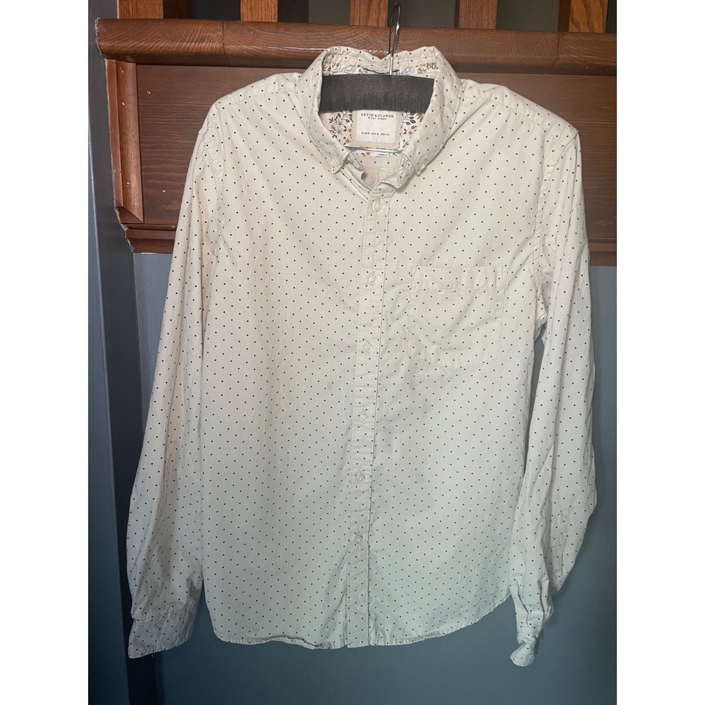 Denim & Flower Ricky Singh Mens Medium White Blue Polka Dot Button Down Shirt